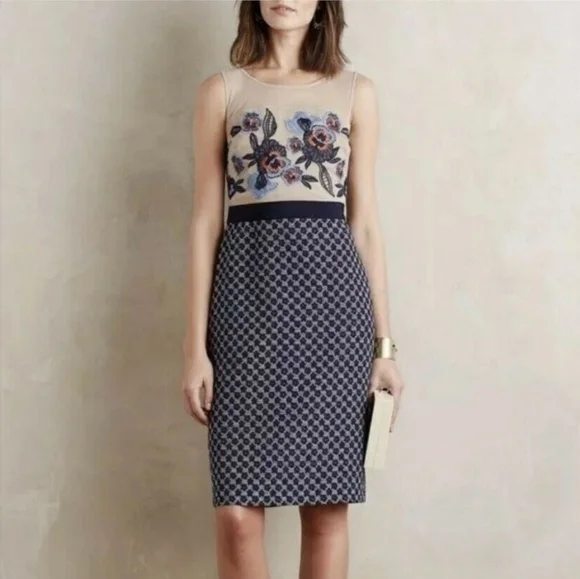 Moulinette Soeurs Embroidered Mesh Bodice Dress Navy Floral Lace Size 2 - Picture 1 of 14